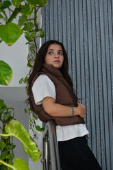 CROPPED PADDED GILET JACKET -CHOCOLATE